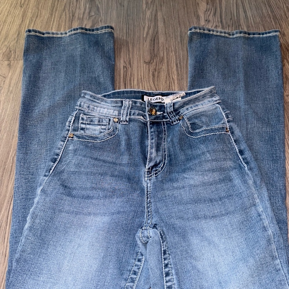 Embroidered Blue Flare Jeans for Women - Picture 3 of 6